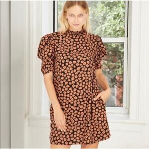 Who What Wear Linen Blend Floral Puff Sleeve Shift Dress Black Orange S Medium